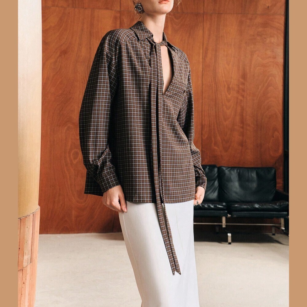Brown Plaid Tie Neck Collared Long Sleeve Blouse